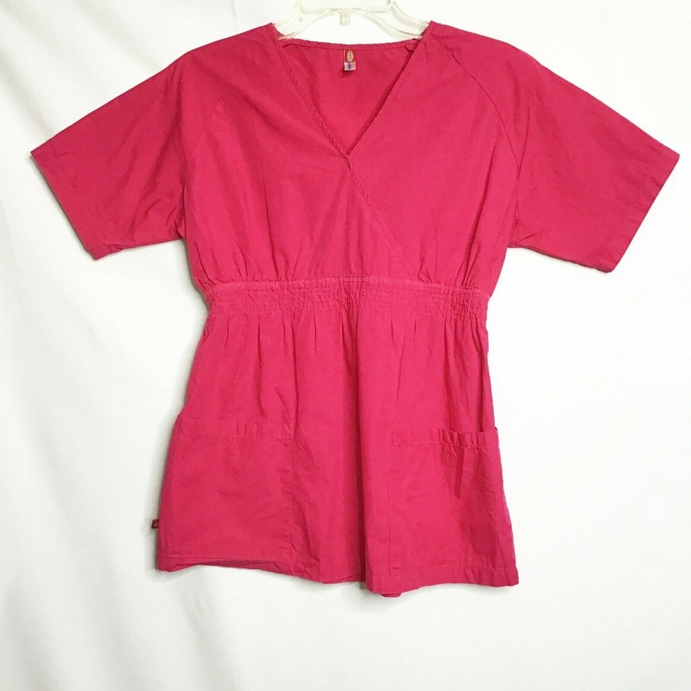 Dickies Scrub Top Pink V-Neck Short Sleeve Ruched